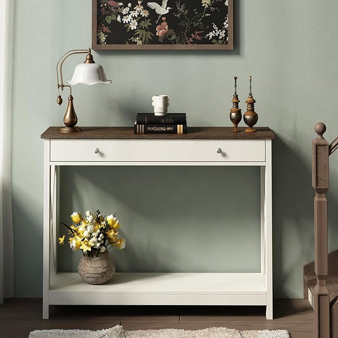 Treocho Farmhouse Console Table with Drawer and Storage Shelves, Foyer Sofa Table Narrow for Entryway, Living Room, Hallway, Antique White & Brown