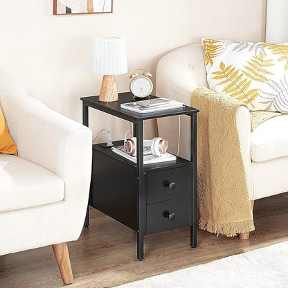 HOOBRO Set of 2 End Tables with Charging Station, Narrow Side Table with Drawers & USB Ports & Power Outlets, Nightstand for Small Spaces, Living Room, Stable and Sturdy, Black BK541BZP201