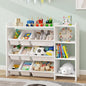 MallBest 4-Tier Kids' Toy Storage Organizer Shelf - 100% Solid Wood,Children's Storage Cabinet with 9 Plastic Bins and 3 Storage Ports(White-Single Color)