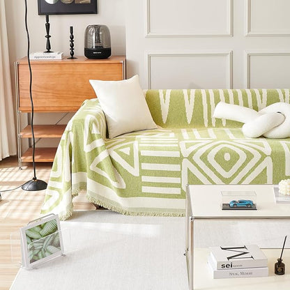 HANDONTIME Green Sofa Covers Chenille Couch Covers Universal Sofa Cover Boho Cover for Sofa 3 Seats Dogs Couch Furniture Protector Couch Cushion Covers Sectional Couch Covers for L Shaped, 91" X118"