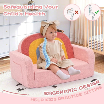 Extra Wide Kids Couch, 2-in-1 Soft Toddler Couch with Blanket, Comfy Toddler Chair, Convertible Sofa to Lounger with Cute Colorful Rainbow Design, Pink