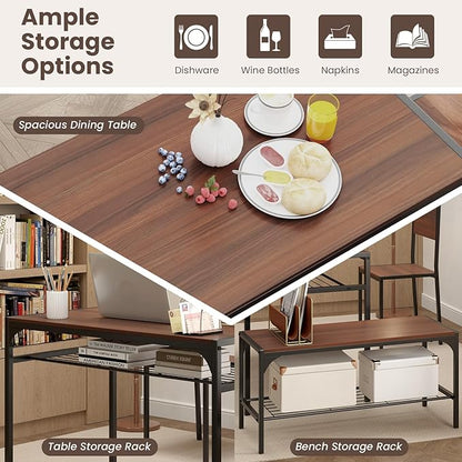 Tangkula Dining Table Set for 4, Kitchen Table and 2 Chairs for 4 with Bench, Additonal Storage Rack, 4 Piece Dining Table Set for Small Space, Apartment