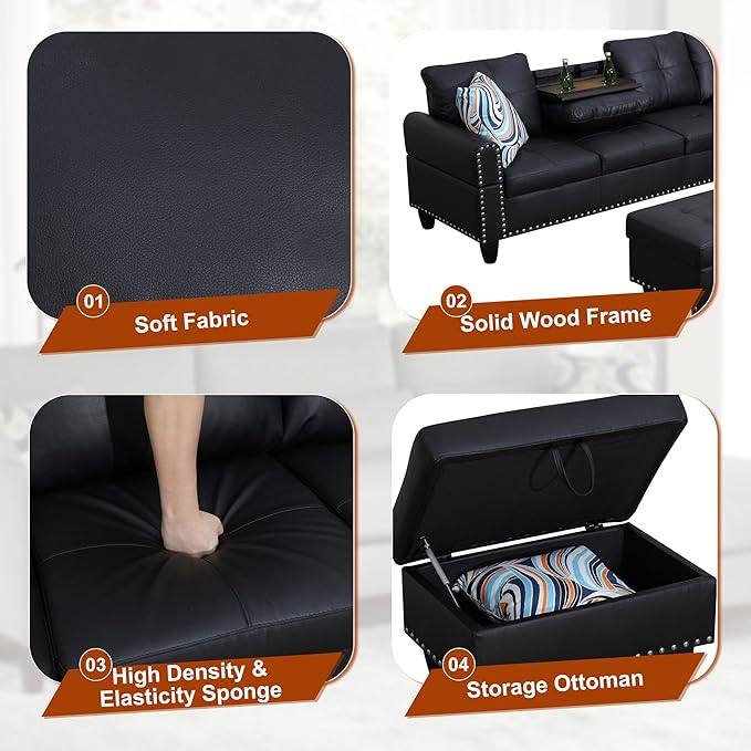 Osparple L Shaped Couch Faux Leather Sectional Couch Upholstered 3 Pieces Sofas for Living Room with Chaise, Ottoman with Storage for Office and Small Apartment, Graceful Black