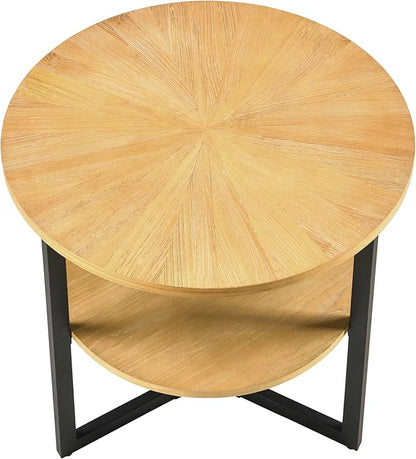 LEEMTORIG Round Side Table, Large End Table Nightstand with Metal Legs, Modern Bedside Table 2-Tier for Living Room, Bedroom, Office, Natural Wood Color/Black, 25.2 x 25.2 x 24 inches CJZ-1338-OA