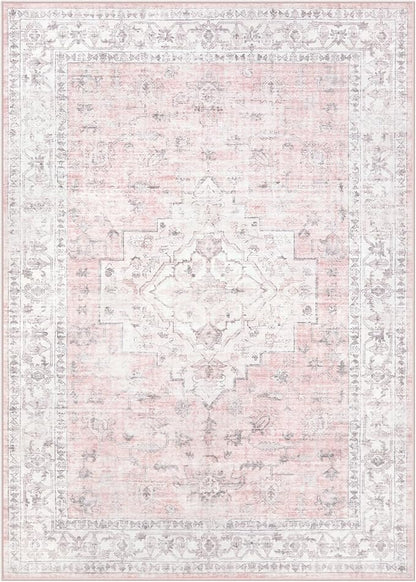 LIVEBOX Pink 10x14 Area Rug for Bedroom Girls, Boho Washable Rugs for Living Room Nursery, Non-Slip Indoor Soft Carpet Low-Pile Farmhouse Carpets for Dining Room Kids Playroom, Pink