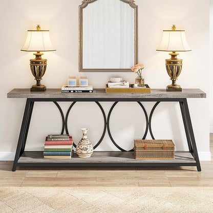 Tribesigns 70.9 inch Extra Long Console Table, Industrial Sofa Table Behind Couch with 2 Tier Storage Shelf, Narrow Entryway Hallway Accent Table for Living Room, Grey