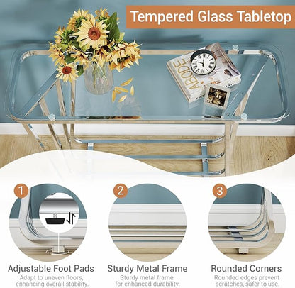 OIOG Glass Console Table for Entryway, Modern Entrance Table with Tempered Glass & Chrome Frame, Silver Sofa Table for Living Room Hallway