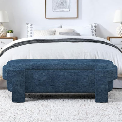 KEIKI 51" Linen Ottoman Bench with Large Storage Space, Upholstered Seating Foot Rest Stool Furniture for Bedroom, Living Room, Entryway, Dark Blue