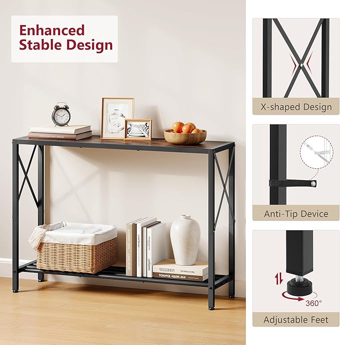 Tajsoon Console Table 41.8”, 2-Tier Industrial entryway Table, Narrow Sofa Table with Shelves, Entrance Table for Entryway, Hallway, Living Room, Foyer, Corridor, Office, Rustic Brown