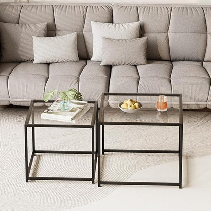 Garden 4 you Coffee Table Set of 2, Modern Glass Nesting Table, Metal Frame Square Center Table Set, Side Tables, Nesting Coffee Table for Living Room, Bedroom and Small Spaces, 23.6in Black