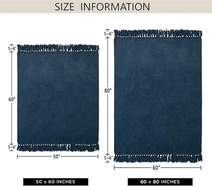 Chenille Throw Blanket for Couch 60"X 80" Twin, Soft Cozy Throws with Fringe Tassel for Bed Sofa Chair Cover, Lightweight Knitted Decorative Boho Blankets for Living Room, Navy Blue