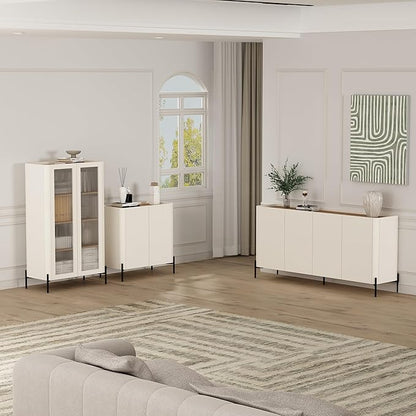 Manhattan Comfort Abbey Accent Cabinet with Doors, Tray Top Design and Adjustable Shelves, Sleek Modern Storage Furniture for Dining Area, Living Room, Bedroom, Entryway, Maple and Off White