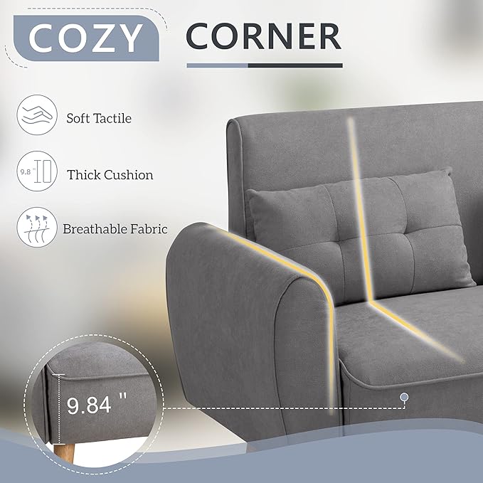 Shintenchi Small Modern Loveseat Couch Sofa, Mid Century Fabric Upholstered 2-Seat Sofa Couch Love Seats Furniture for Small Space,Living Room,Studio,Apartment with 2 Pillows,Light Grey