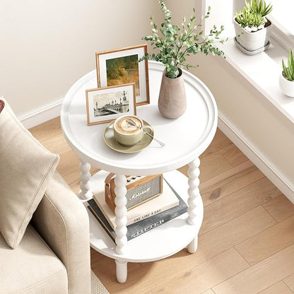 Gadroad Round End Table with Storage Shelf, 2 Tier Couch Side Table, Wood Coffee Table for Living Room, Bedroom, White 19.3 * 19.3 * 25.6 inches