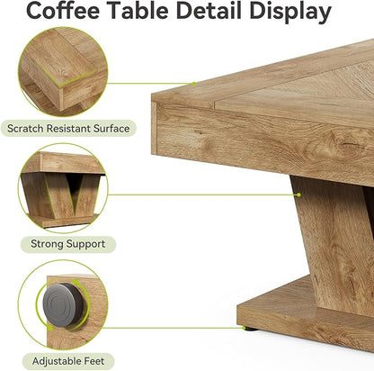 LITTLE TREE Square Coffee Table, Modern Rustic Coffee Table for Living Room, Wooden Table with Adjustable Feet, Oak