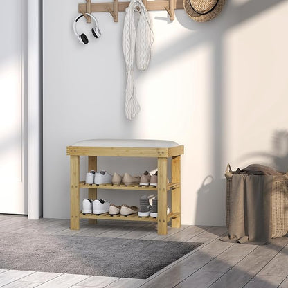 HOMCOM Bamboo Shoe Bench, 3-Tier Entryway Bench with Storage and Cushion, Shoe Organizer for Entryway, Hallway, Holds Up to 331 lbs, 23.6 x 11.4 x 19.3 Inches, Cream White