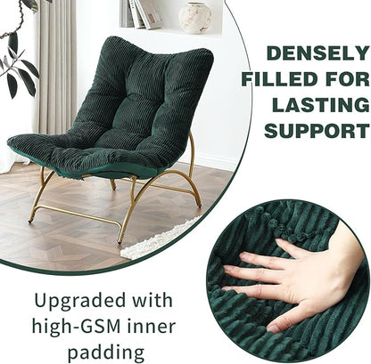 Welnow Accent Lounge Lazy Chair, Comfy Soft Leisure Metal Frame Reading Chair, Upholstered Thick Cushion Seated Recliner Sofa for Living Room, Bedroom, Dorm, Dark Green