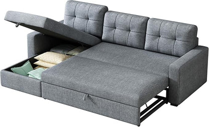 Ball & Cast L-Shape Reversible Sectional Sleeper Sofa Bed,Linen Upholstered 4 in 1 Pull Out Couch with Storage Chaise & Removable Back Cushions,Convertible Corner Sectionals for Living Room,Office