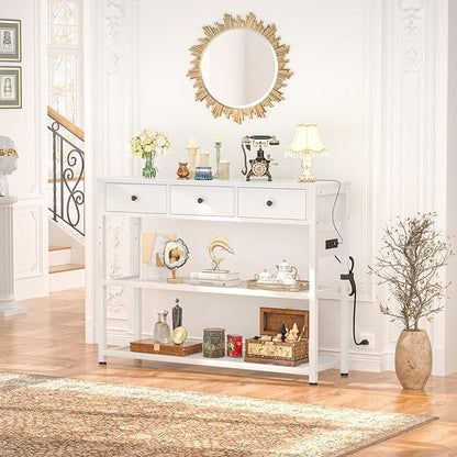 Ecoprsio 47'' Entryway Table with Outlets and USB Ports, Console Table with 3 Drawers, Sofa Table Narrow Long with Storage Shelves for Living Room, Couch, Hallway, Foyer, Kitchen Counter, White