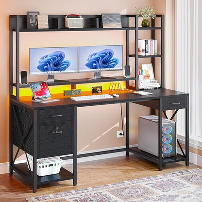 DWVO Computer Desk with Drawers & Hutch, 59.1" Office Desk with Power Outlets & LED Lights, Home Office Desk with Storage Shelves, Black