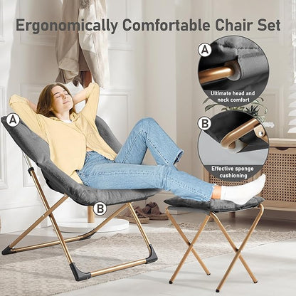 Comfy Oversized Saucer Chair with Ottoman,Soft Faux Fur Reading Lounge Chair for Adults,Stable X-Large Metal Frame and Non-Slip Pad,Cozy Chair for Bedroom, Living Room, Dorm, Dark Gray
