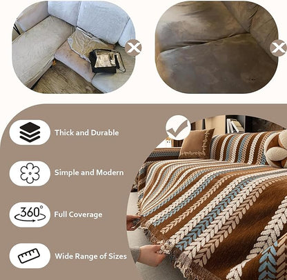 STACYPIK Khaki Jacquard Leaves Sofa Cover, Vintage Couch Cover for Dogs, Washable Pet Protector for 3 Cushion Couch, Non-slip Chenille Sofa Covers for Loveseat, Boho Couch Cover for Sectional-71X134IN