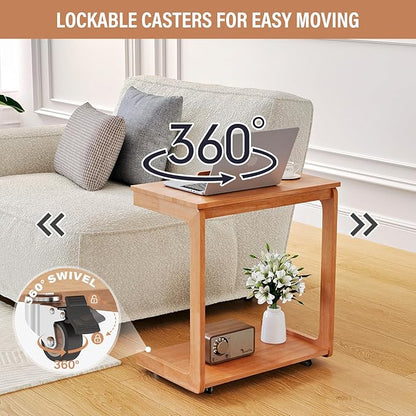 CozyDH Adjustable C Shaped End Table, Rolling Side Table Solid Wood TV Sofa Tray Table for Couch Arm Eating Multi-Purpose, Small Coffee Table with Wheels Living Room Bedroom, Cherry