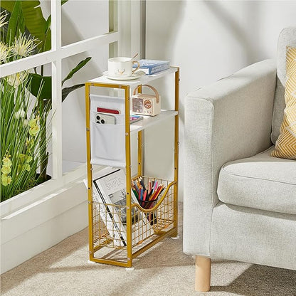 Narrow Side Table, Skinny Small End Tables with Magazine Holder, 3 Tier Small Sofa Side Table for Smalls Spaces, Sofa Couch Tables Bedside Table for Living Room Bedroom Office