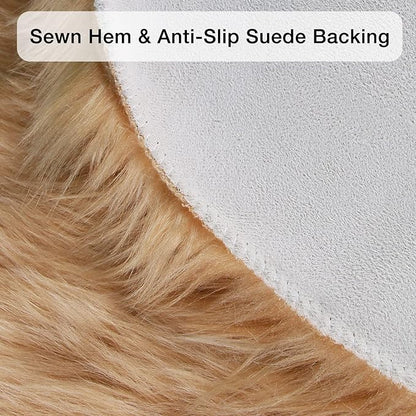 duduta Beige Faux Sheepskin Round Rug 4x4 ft, Fluffy Shag Fur Bedroom Nursery Kids Playroom Rug Dorm Decor Non Slip Washable
