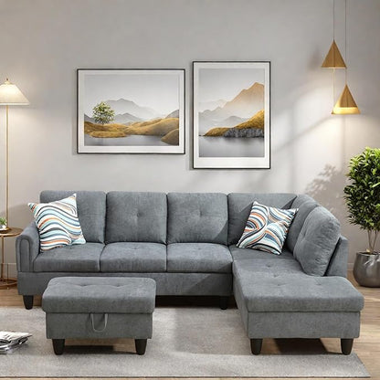 L Shaped Sectional Couches, Modern Modular Sectional Sofa for Living Room Bedroom Furniture, Comfortable 4 Seat Couch with Ottoman Storage & Chaise, Gray