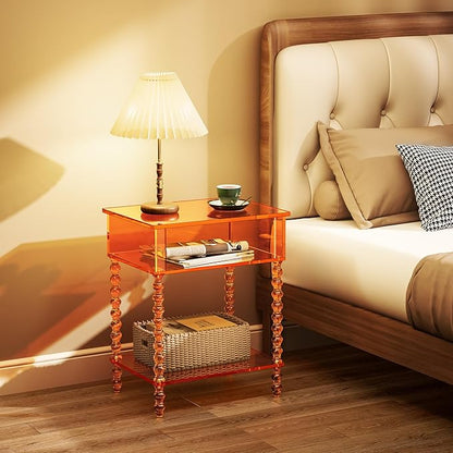 Acrylic Side Table, Clear 3-Tier End Table with Storage, Nightstand for Living Room, Bedroom, Office (Orange, 11.8 ×15.7 × 19.7)