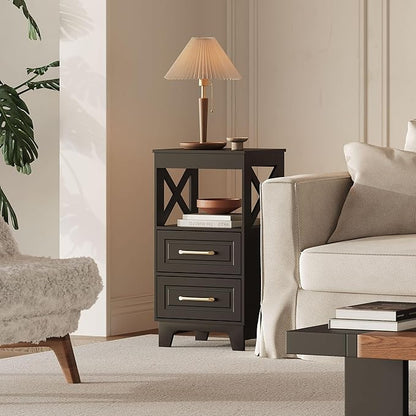 Tall Nightstand Set of 2 Side Table with 2 Drawers Modern Night Stand Wooden End Table Bedside Table with Upper Open Shelf Solid Feet for Bedroom, Living Room, Black