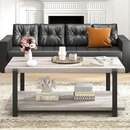 FOLUBAN Rustic Coffee Table, Modern Wood Center Table for Living Room, Industrial 2 Tier Rectangle Low Cocktail Tea Table with Storage Shelf, Light Grey