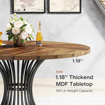 Tribesigns Round Dining Table for 4-6 People, 47-Inch Farmhouse Dinning Room Circle Kitchen Table, Industrial Dinner Table with Metal Base for Kitchen, Living Room, Black and Brown