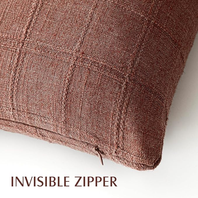Foindtower Set of 2 Decorative Linen Check Throw Pillow Covers Neutral Farmhouse Vintage Cushion Covers Modern Boho Home Decor for Sofa Chair Couch Bedroom Living Room Outdoor,18×18 Inch,Autumnal Red