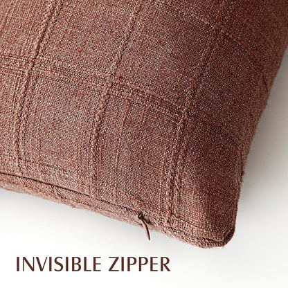Foindtower Set of 2 Decorative Linen Check Throw Pillow Covers Neutral Farmhouse Vintage Cushion Covers Modern Boho Home Decor for Sofa Chair Couch Bedroom Living Room Outdoor,18×18 Inch,Autumnal Red