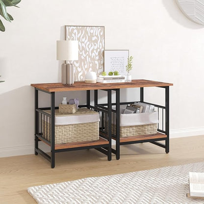 Industrial Night Stand, 18” Square Side Table with Open Storage Shelf, Bedside End Table for Bedroom, Heavy Duty Stand for Mini Fridge for Dorm, Kitchen Room, Rustic Brown