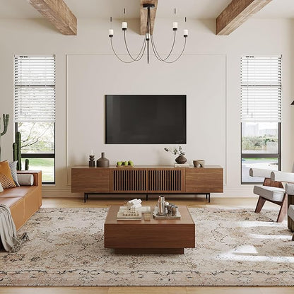 POVISON Full Assembled Mid-Century Modern TV Stand with Slatted Doors, Wood Media Console for 80 85+ Inch TV, TV Console with Tall-cast Metal Legs, Entertainment Center with Storage for Living Room