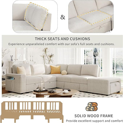 Merax L-Shaped Modular Sofa with Removable Storage Ottoman, USB Ports and Cup Holder, Upholstered Sectional Couch & Armrest, Free Combination Indoor Furniture for Living Room, Apartments, Beige