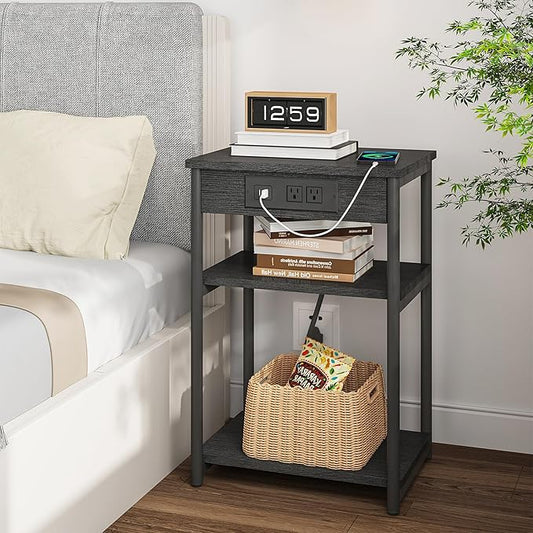 TUTOTAK End Table with Charging Station, Nightstand, 3-Tier Couch Side Table with USB Ports and Outlets, Bedside Table for Small Space, Living Room TB01BK026