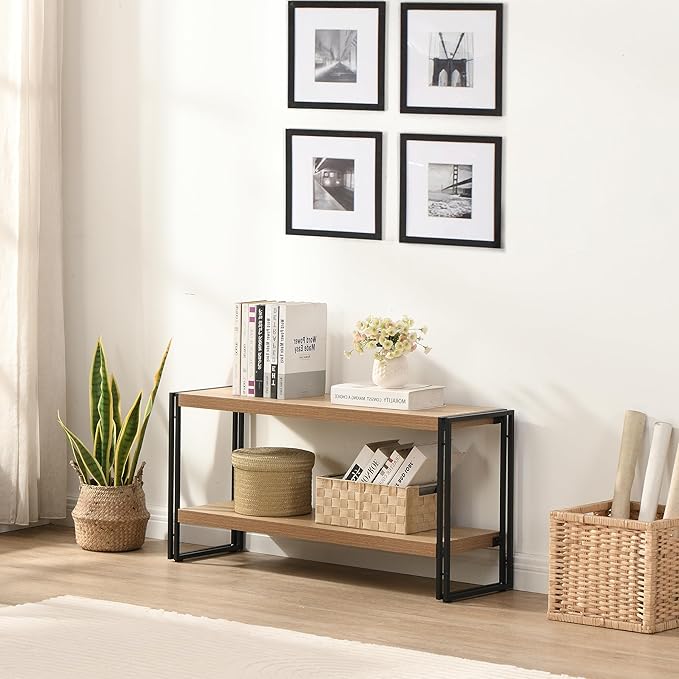 Small Industrial Bookshelf 2 Shelf Bookcases and Book Shelves for Living Room/Bedroom Wood Metal Rustic Oak