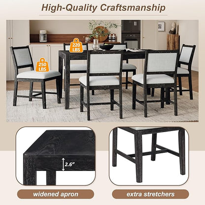 Merax 7 Pieces Retro Dining Set for 6, Rectangular Wood Dining Table with 6 Upholstered Chairs for Kitchen, Living Room, Espresso