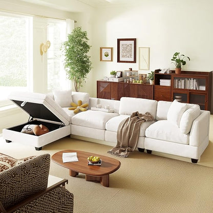 127.6 Inch 5-Seat Modular Convertible Sectional Sofa with Removable Storage Ottoman and 2 Hidden Cupholder, L-Shaped Upholstery Corner Couch for Living Room Apartment Office, Beige