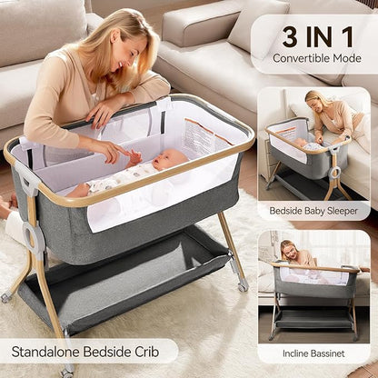 Larex Baby Bassinet Bedside Sleeper for Baby, Baby Crib Bed for Newborn Infant, Bedside Bassinet with Wheels, 5 Adjustable Height, Mosquito Net, Breathable Mattress and Mesh, Storage Basket and Bag