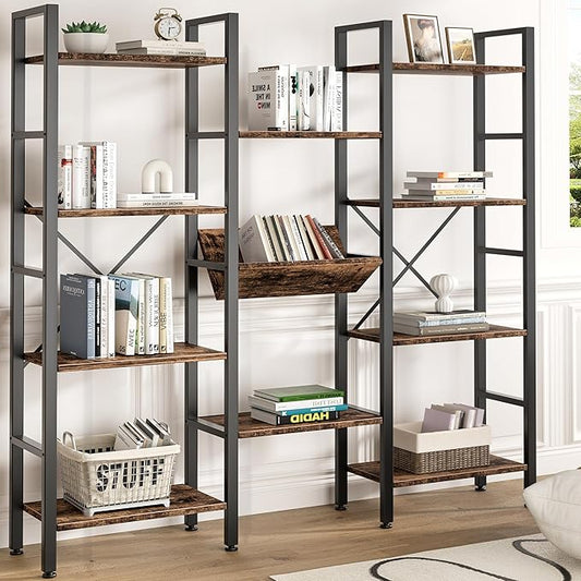 Shintenchi Industrial Bookcase,71.6” Triple 4 Tier Bookshelf with 11 Open Display Shelves,Large Etagere Bookshelf Open Record Player Shelves,Wide Book Shelf Book Case for Home & Office,Rustic Brown