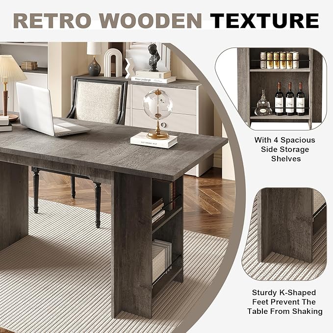 Garvee 63 Inch Dining Table for 2-4, Farmhouse Rectangular Kitchen Table with Waterproof Wood Tabletop, Heavy Duty Legs & 2-Tier Storage Shelves for Kitchen, Dining Room, Grey