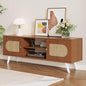 55" Rattan TV Stand for 65 Inch TV Solid Wood TV Console Entertainment Center with 2 Cabinets for Living Room Bedroom, Retro Brown