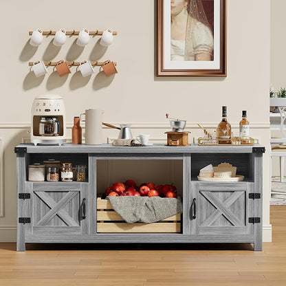 YESHOMY Fireplace TV Stand with Barn Doors and Open Display Shelf, Farmhouse Media Console with Hidden Cable Routing, Entertainment Center for Televisions up to 65+ Inch, Gray