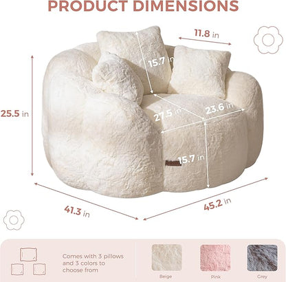 MAXYOYO Bean Bag Chair with 3 Pillows, Oversized Floral Shaped Bean Bag Sofa for Adults, Ultra Soft Faux Fur Floor Sofa, Large Stuffed Reading Chair for Living Room Bedroom, Beige