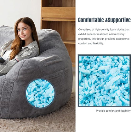 Large Bean Bag Chairs for Adults - Oversized Memory Foam Filled Bean Bag Sofa | Fluffy Adult Bean Bag Chair, Big Bean Bag Chairs for Living Room, Bedroom & Dorm - Gray